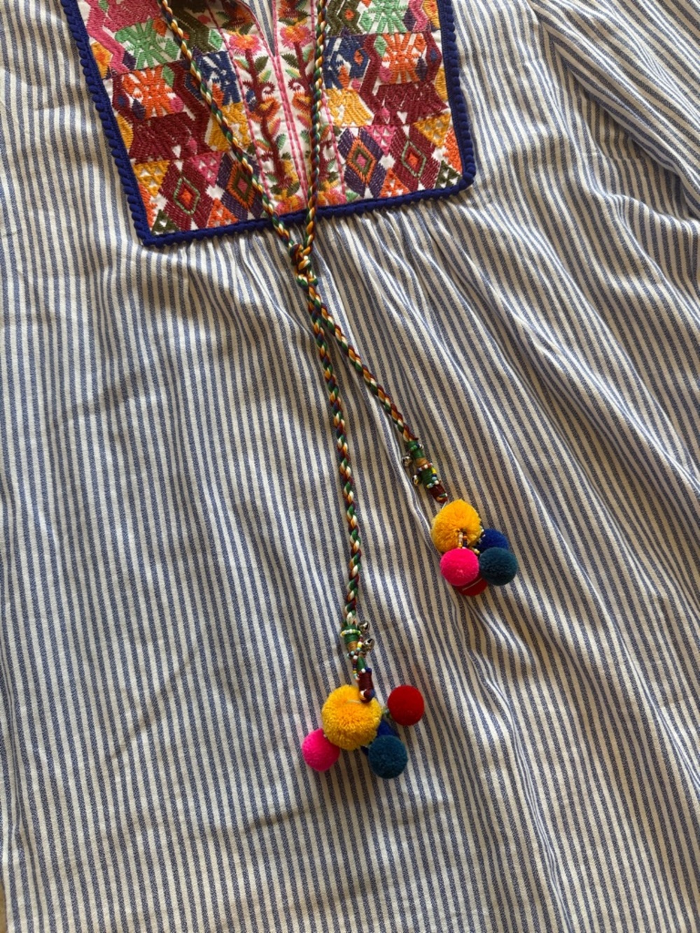 Striped Embroidered Boho Tunic Dress with Pom Tassels - Blue & Multicolor - Picture 5 of 8